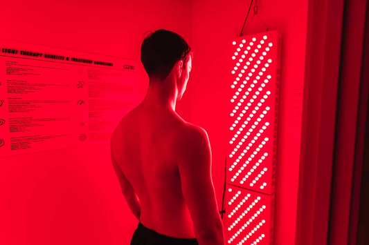 Person standing in front of a Red Light Therapy panel